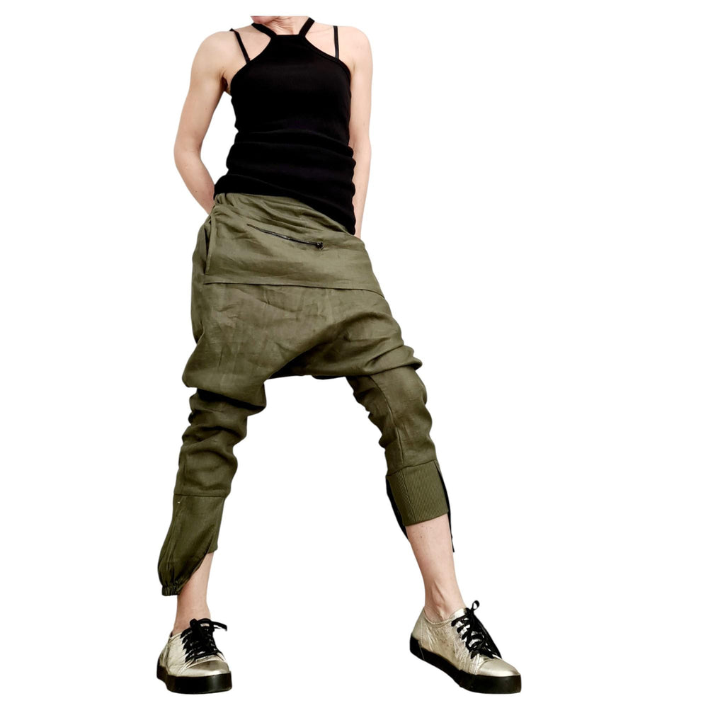 Military Green Linen Pants for Women, Drop Crotch Summer Trousers, Handmade Casual Urban Outfit