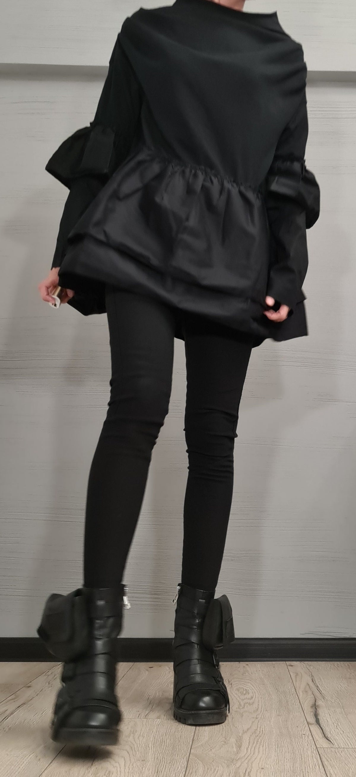 Black Oversize Cotton Blouse | Asymmetric Sleeves with Shirting Ruffles | fashion for women | architectural