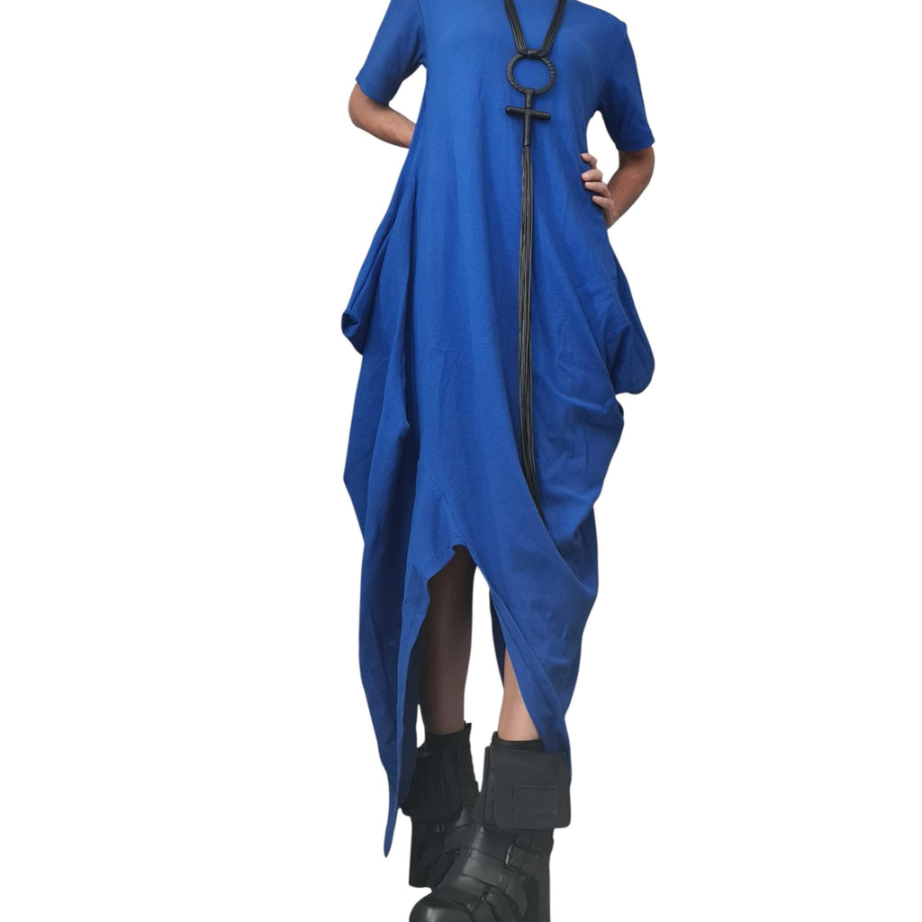 Royal Blue Cotton Rib Maxi Dress, Asymmetric Avant Garde Dress, Plus Size Kaftan