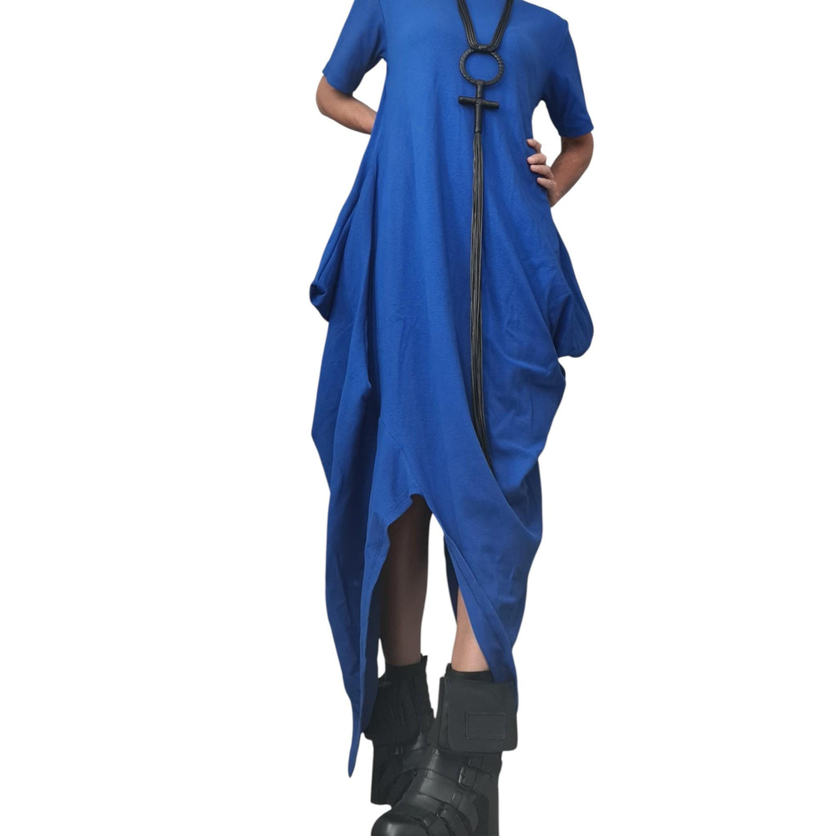 Royal Blue Cotton Rib Maxi Dress, Asymmetric Avant Garde Dress, Plus Size Kaftan