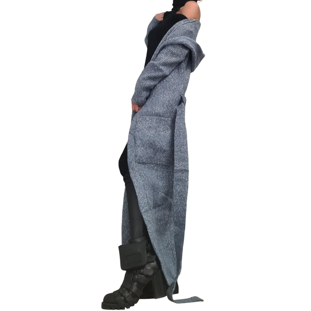 Blue Mohair Hooded Maxi Cardigan, Oversized Knit Cloak, Plus Size Sweater