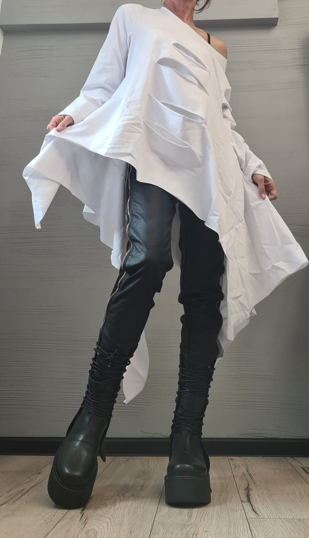 Avant Garde White Cotton Tunic, Deconstructed Asymmetric Blouse