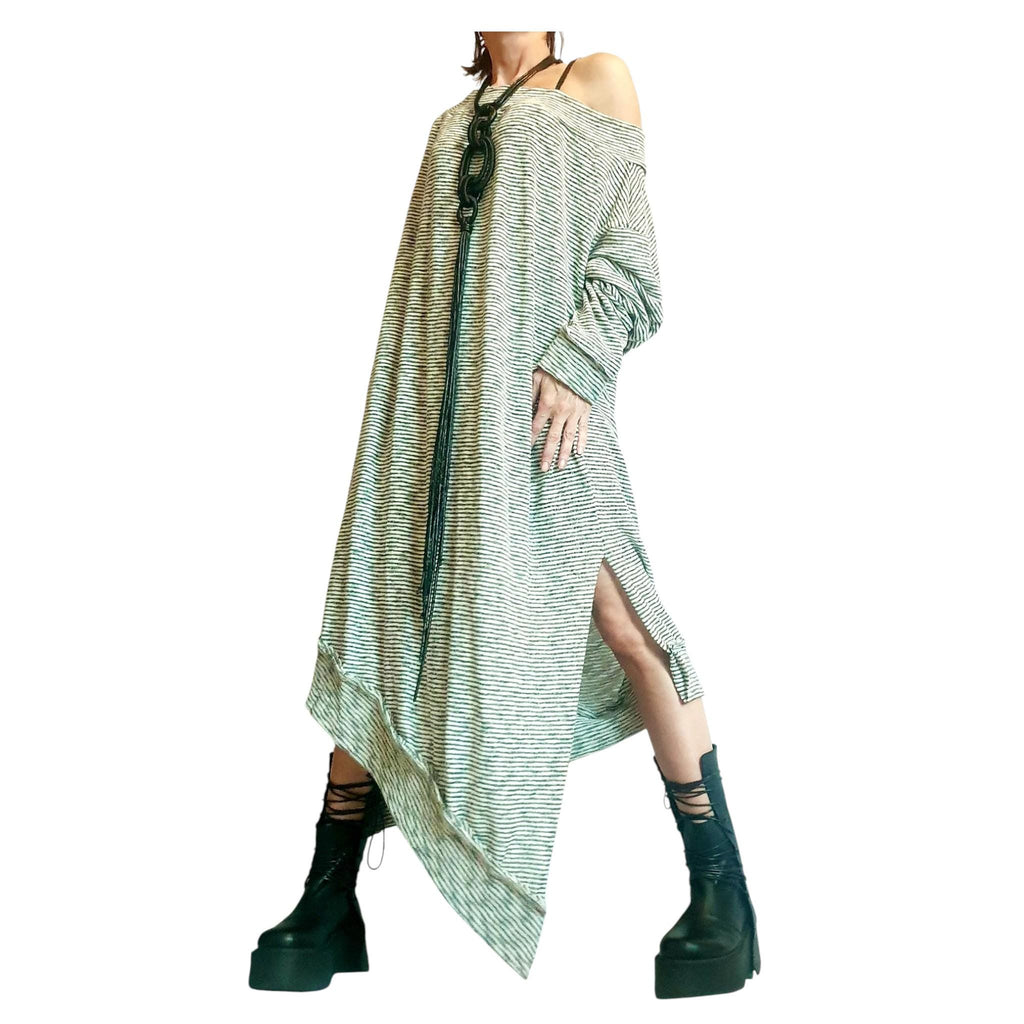 Stripe Extravagant Long Dress, Loose Maxi Dress Tunic, Plus Size Clothing, Oversize Dress, Sleeve Dress, One Shoulder Dress, Knitting Tunic