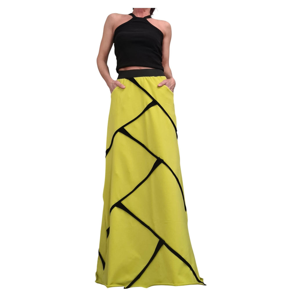 Pistachio Green Maxi Skirt, Avant Garde Cotton Clothing, Elastic Waist