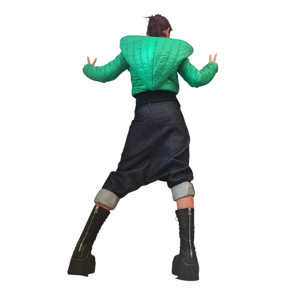 Green Cropped Puffer Jacket, Oversized Big Hood Bomber, Quilted Short Winter Coat