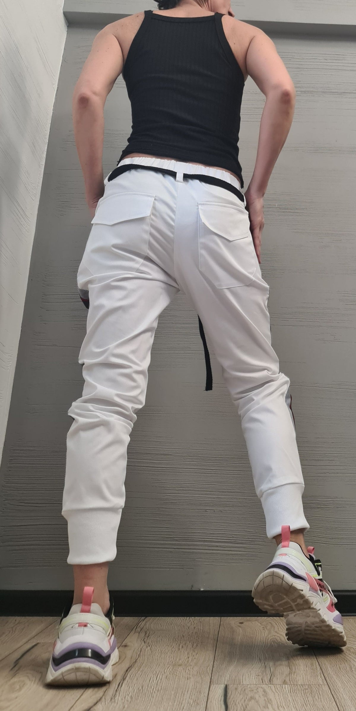 Red Cotton Drop Crotch Pants, Slim Leg Trousers, Contrast Side Stripe