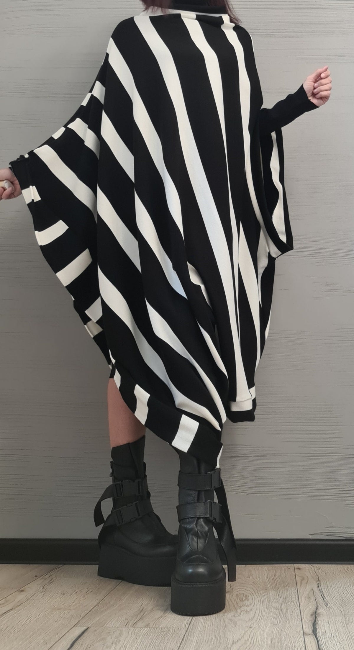 Black White Striped Cotton Knit Tunic Dress, Gothic Plus Size Set