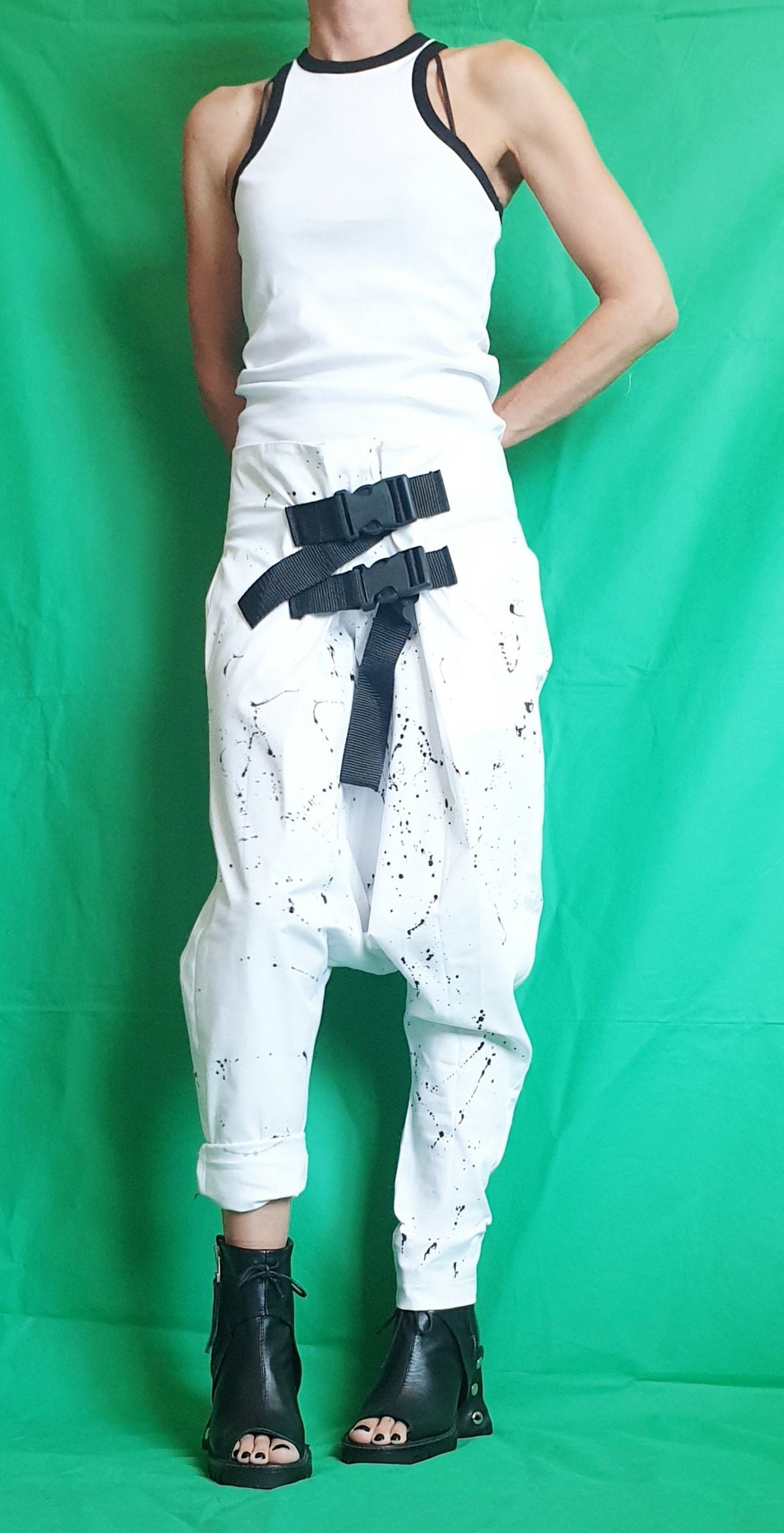 White Cotton Harem Pants, Drop Crotch Trousers, Decorative Buckles, Tapered Leg