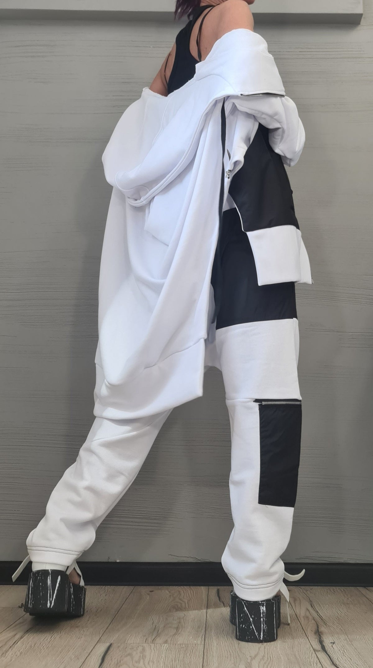 White Black Patchwork Harem Pants, Oversized Long Hooded Jacket, Contrast Panels, Two-Piece Co-Ord Set