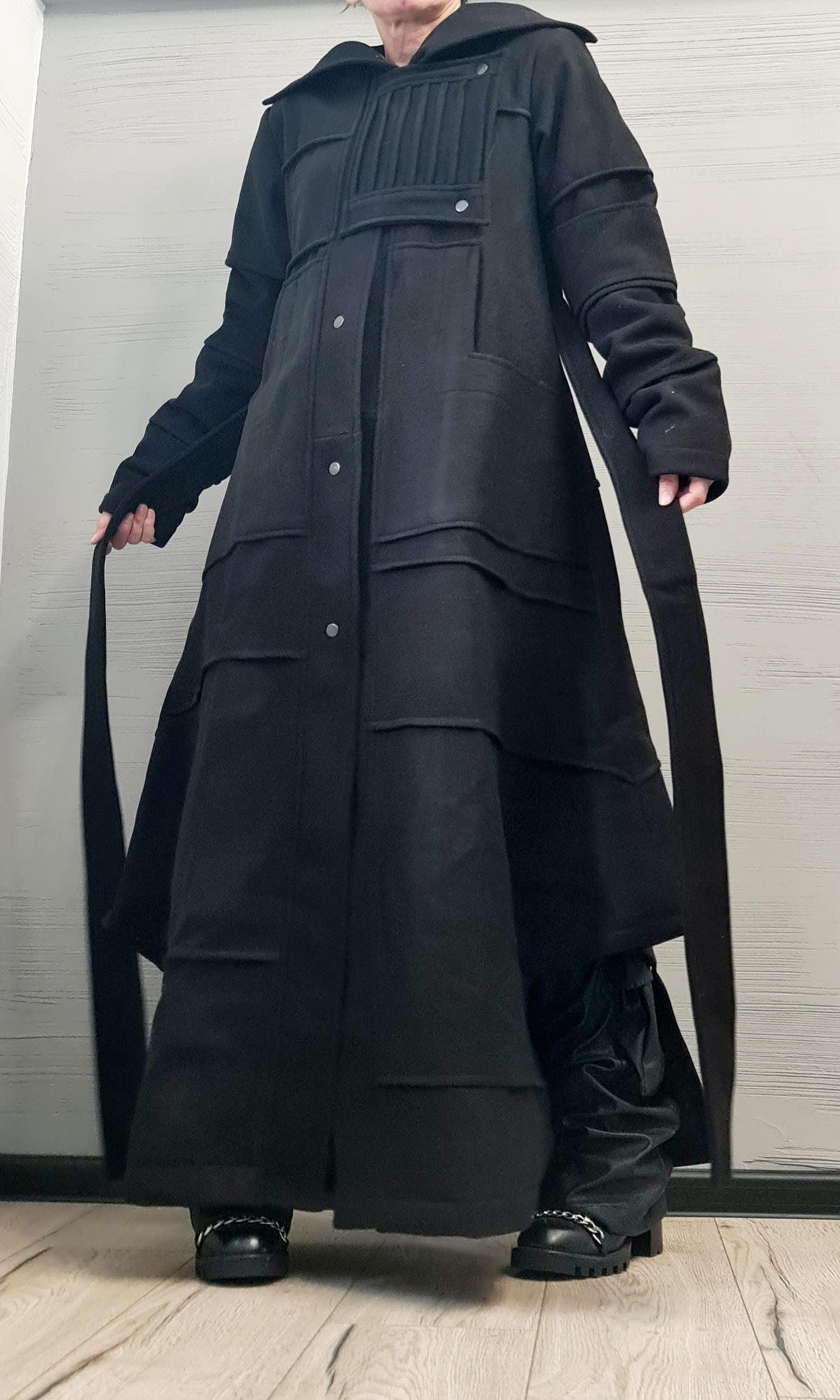 Black Hooded Asymmetric Coat, Oversized Long Winter Jacket, Wrap Belt Closure