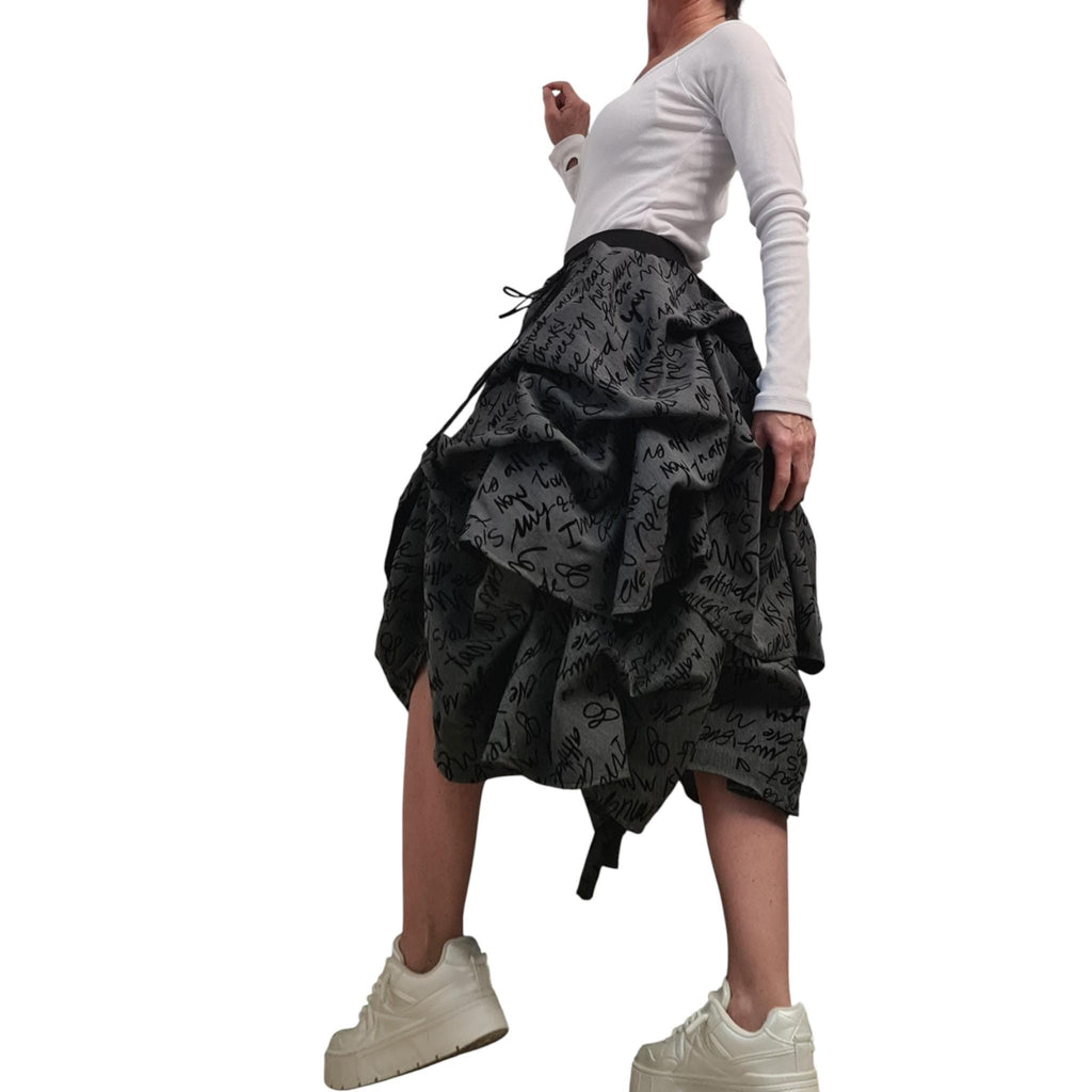 Asymmetric Maxi Skirt, Adjustable Length, Avant Garde Handmade, Balloon Silhouette ,Text Print, Knee Length