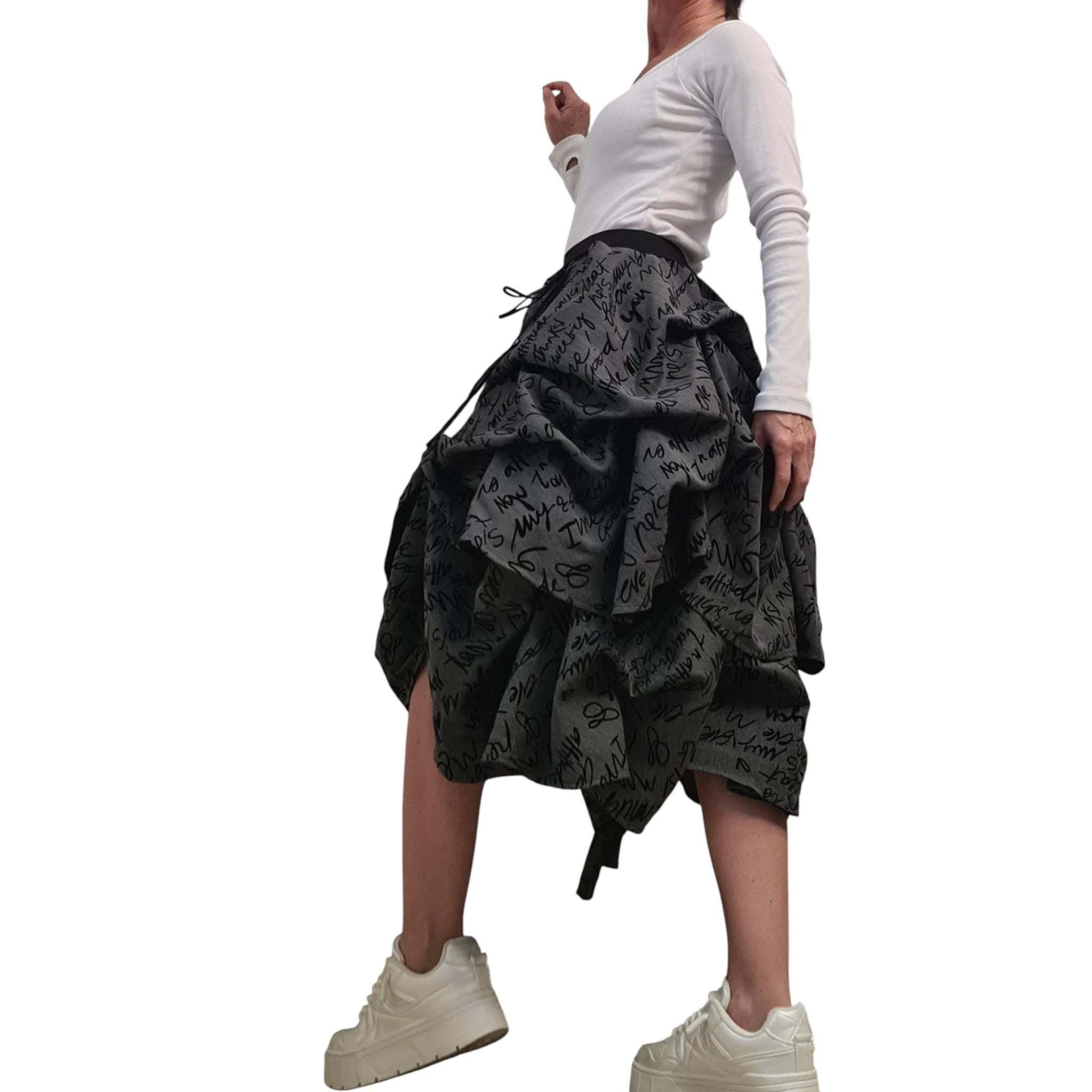 Asymmetric Maxi Skirt, Adjustable Length, Avant Garde Handmade, Balloon Silhouette ,Text Print, Knee Length