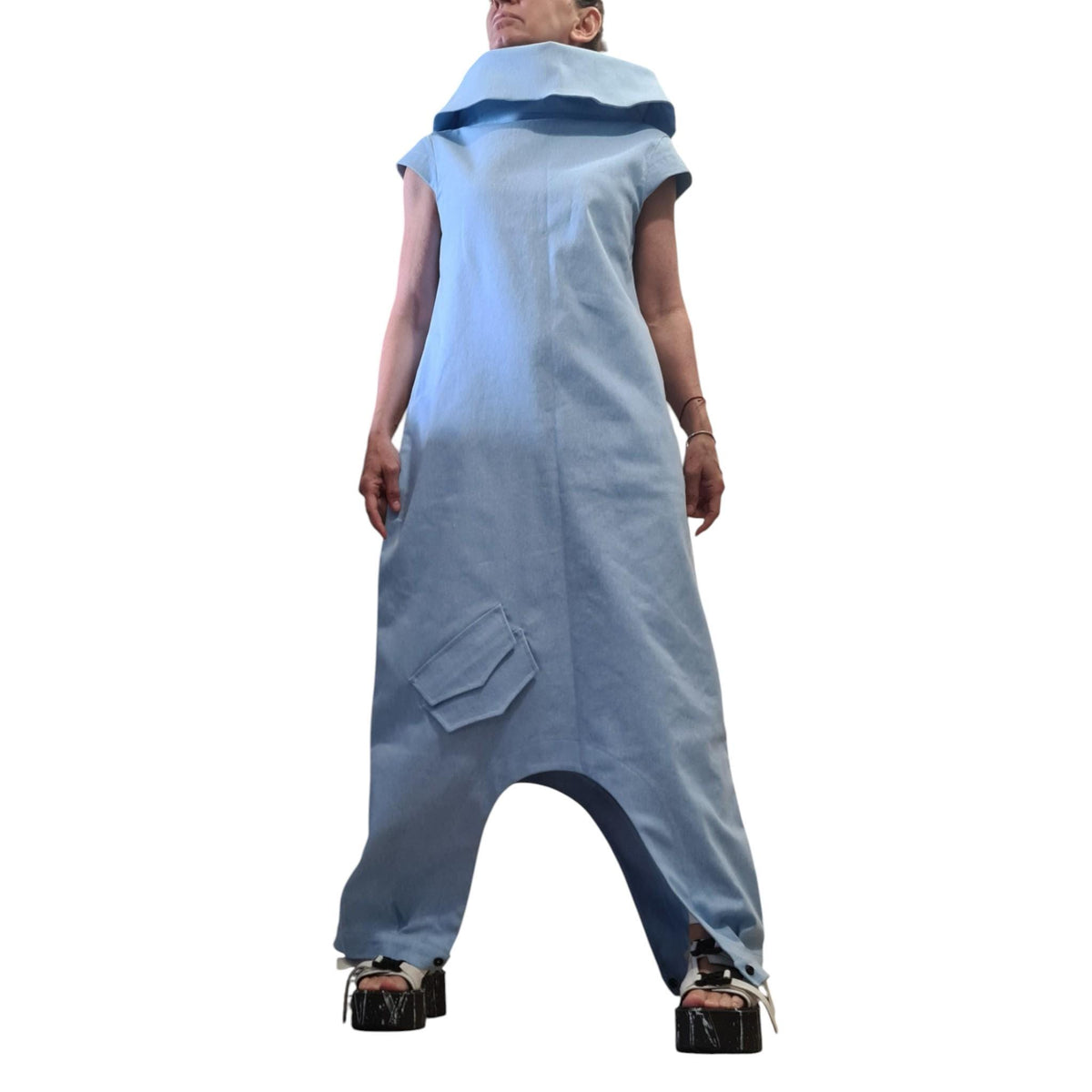 Light Blue Denim Jumpsuit Dress for Women, Asymmetric Harem Overall, Wide Leg Outfit