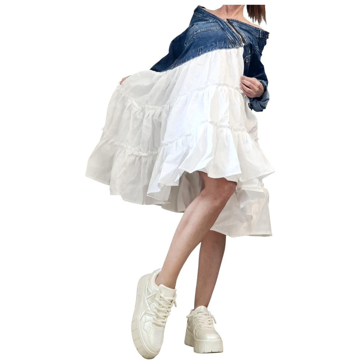 White Linen Dress with Denim Top, Off Shoulder Asymmetric Ruffle Dress