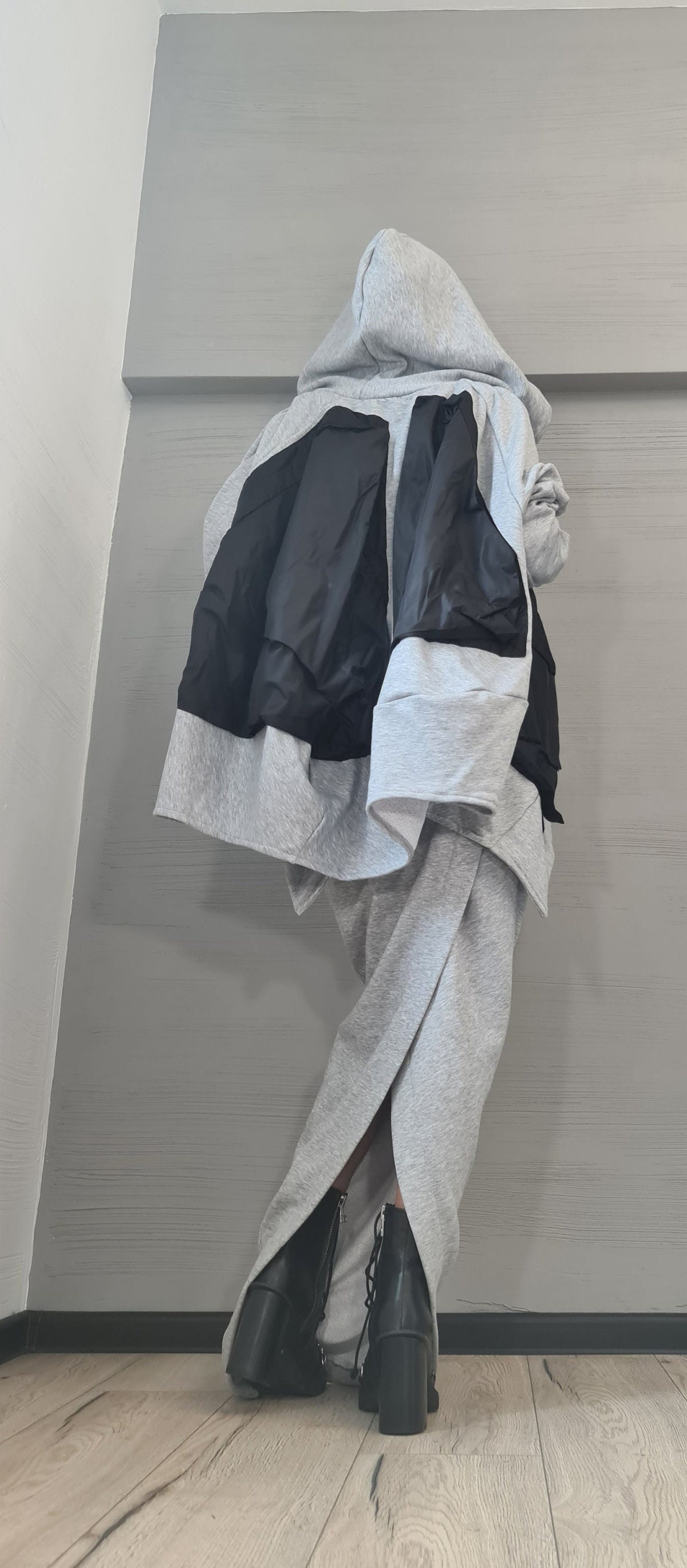 Grey Cotton Maxi Pencil Skirt, Oversized Hooded Sweater, Co-Ord Set