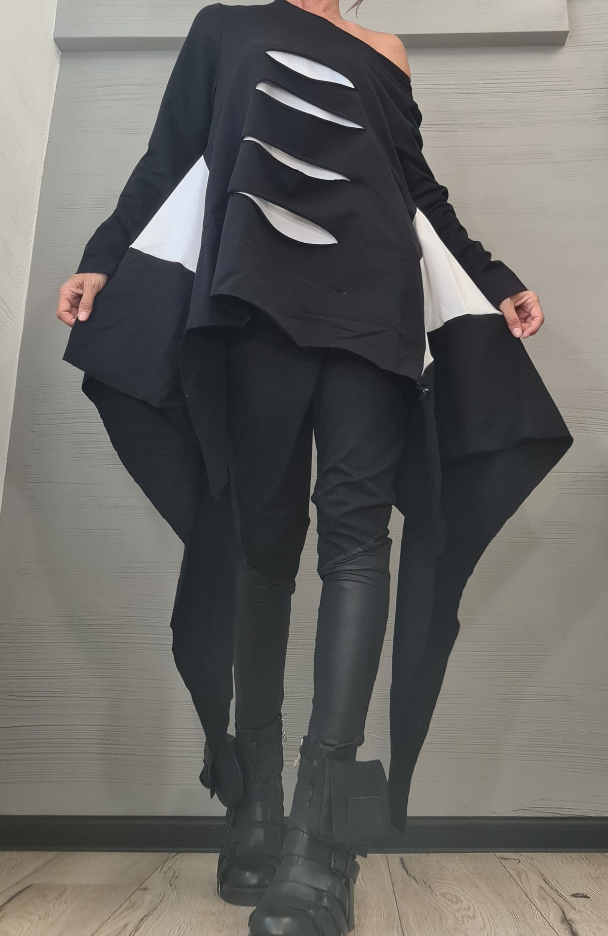 Oversize Cotton Tunic, Black and White Deconstructed Asymmetric Top