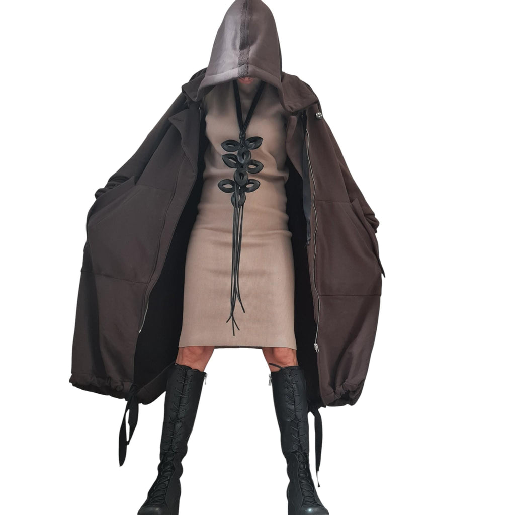 Brown Oversized Hooded Sweatshirt, French Terry Jacket with Overlapping Open Back