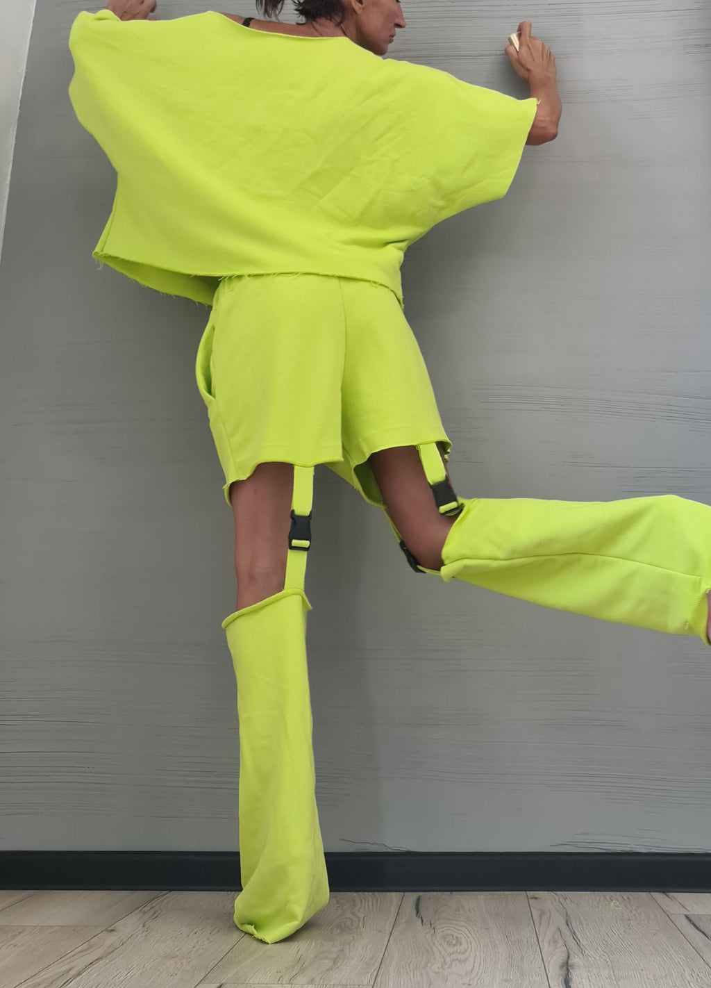 Lime Asymmetrical Blouse, Shorts with Detachable Pant Legs, Convertible Co-Ord Set