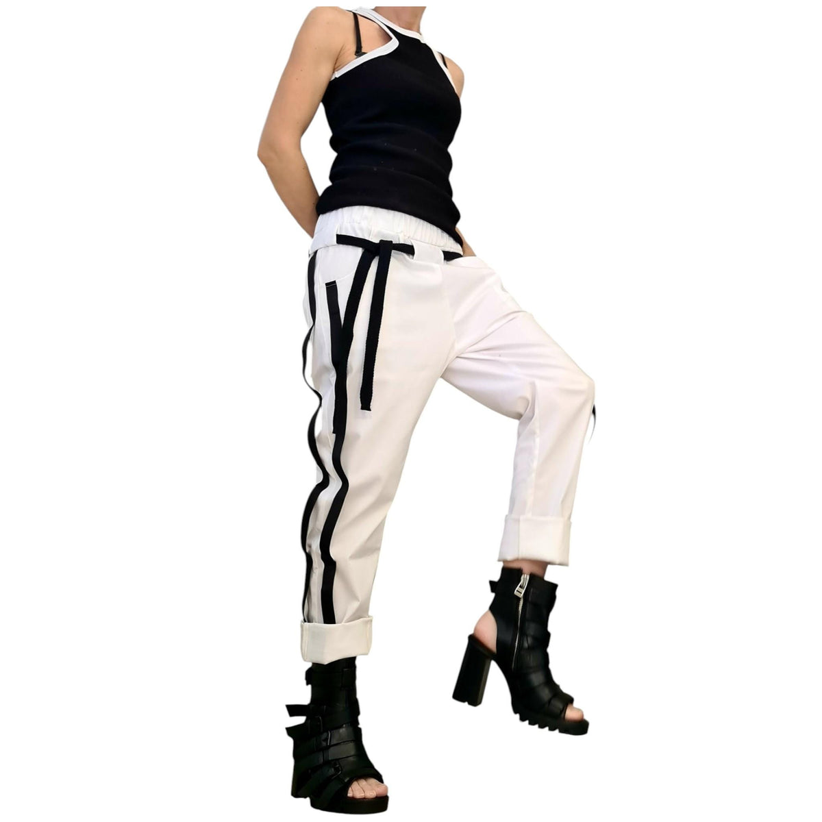 White Cotton Tapered Pants, Double Side Stripes, Drop Crotch
