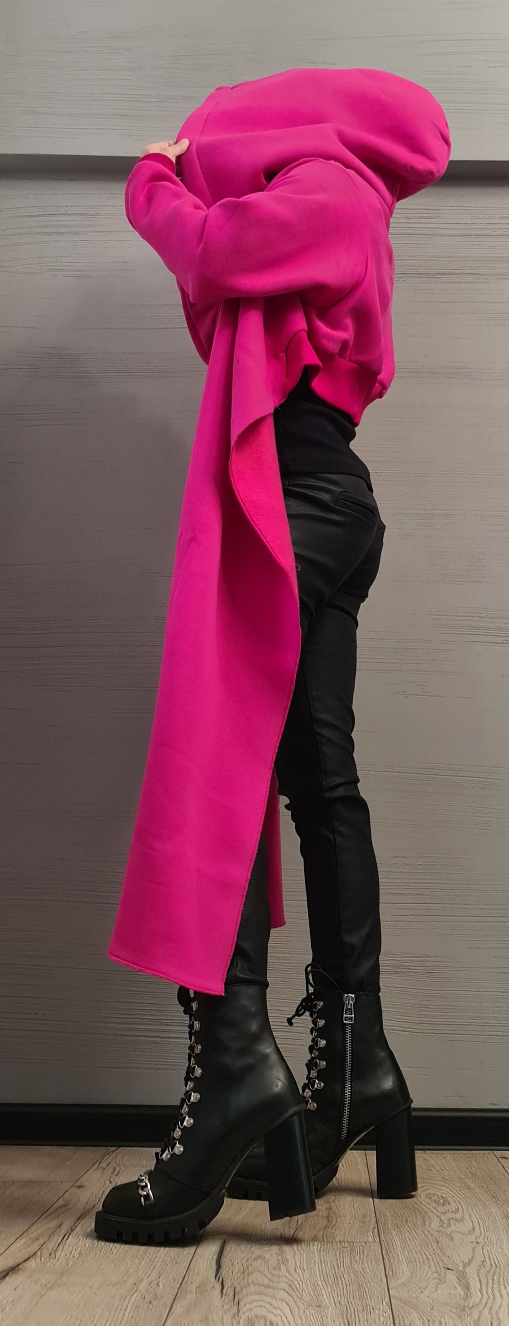 Hot Pink Hooded Asymmetric Sweatshirt, Cropped Wrap Jacket, Long Front Tie Cardigan