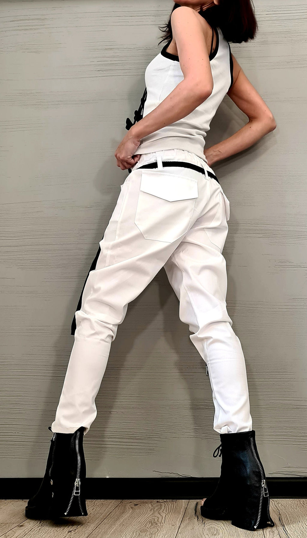White Drop Crotch Pants, Adjustable Zip Leg, Tapered Trousers
