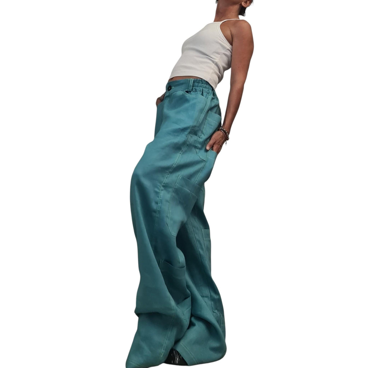 Petrol Blue Wide Leg Pants, Linen Palazzo, Boho Trousers, Designer Pocket Detail