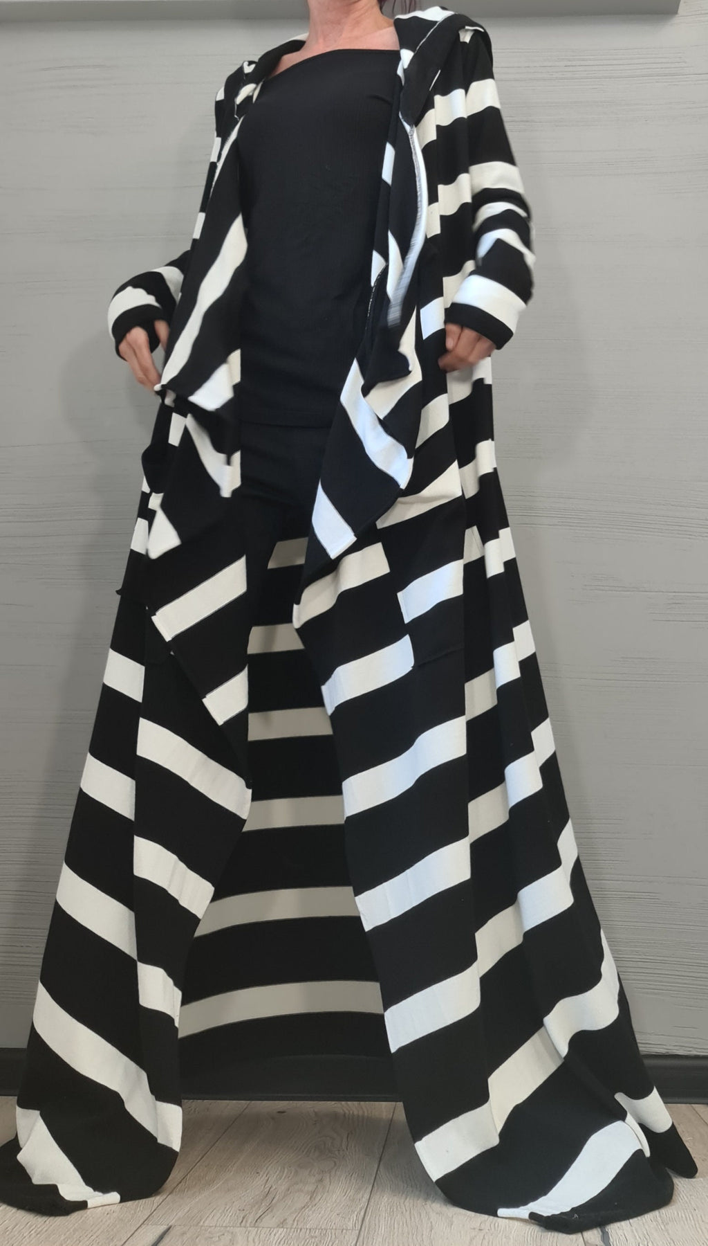 Black Striped Knitted Hooded Vest, Gothic Long Cardigan, Plus Size Top