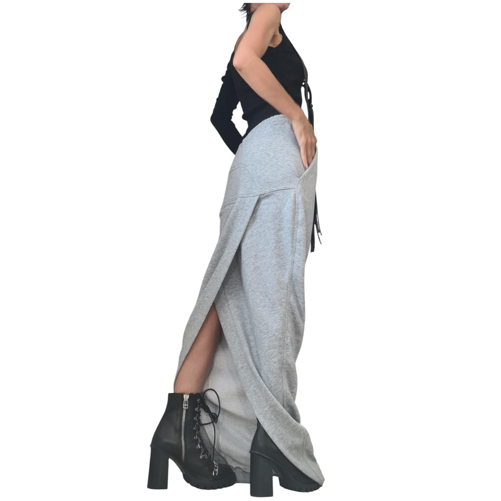 Grey Cotton A-Line Slit Skirt, Asymmetric Maxi Length Sport Skirt