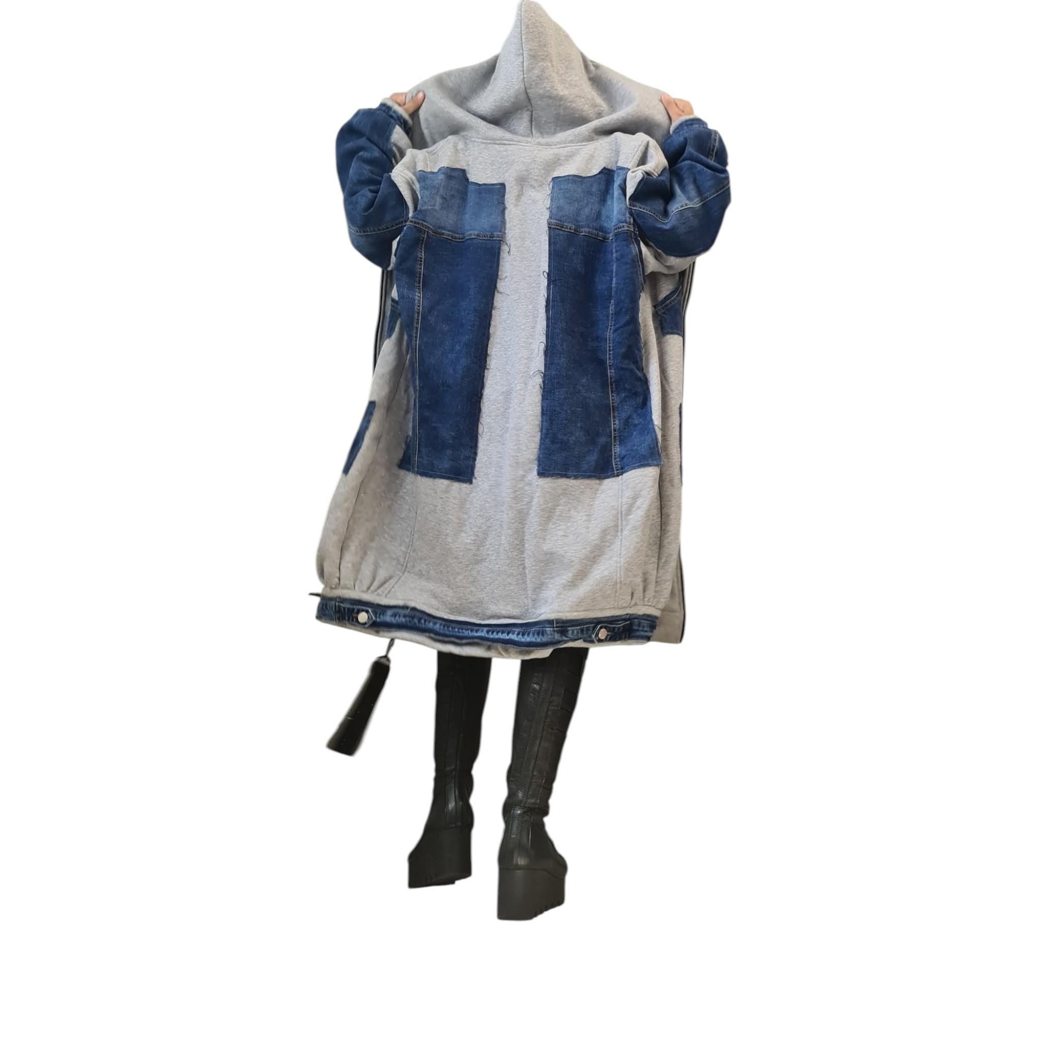 Avant Garde Denim Cotton Hoodie | Oversize Plus Size Sweatshirt | Handmade Streetwear for Women