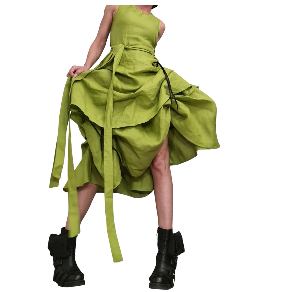 Lime Linen Asymmetric Dress for Women, Sleeveless Layered Midi Dress, Adjustable Avant garde Skirt