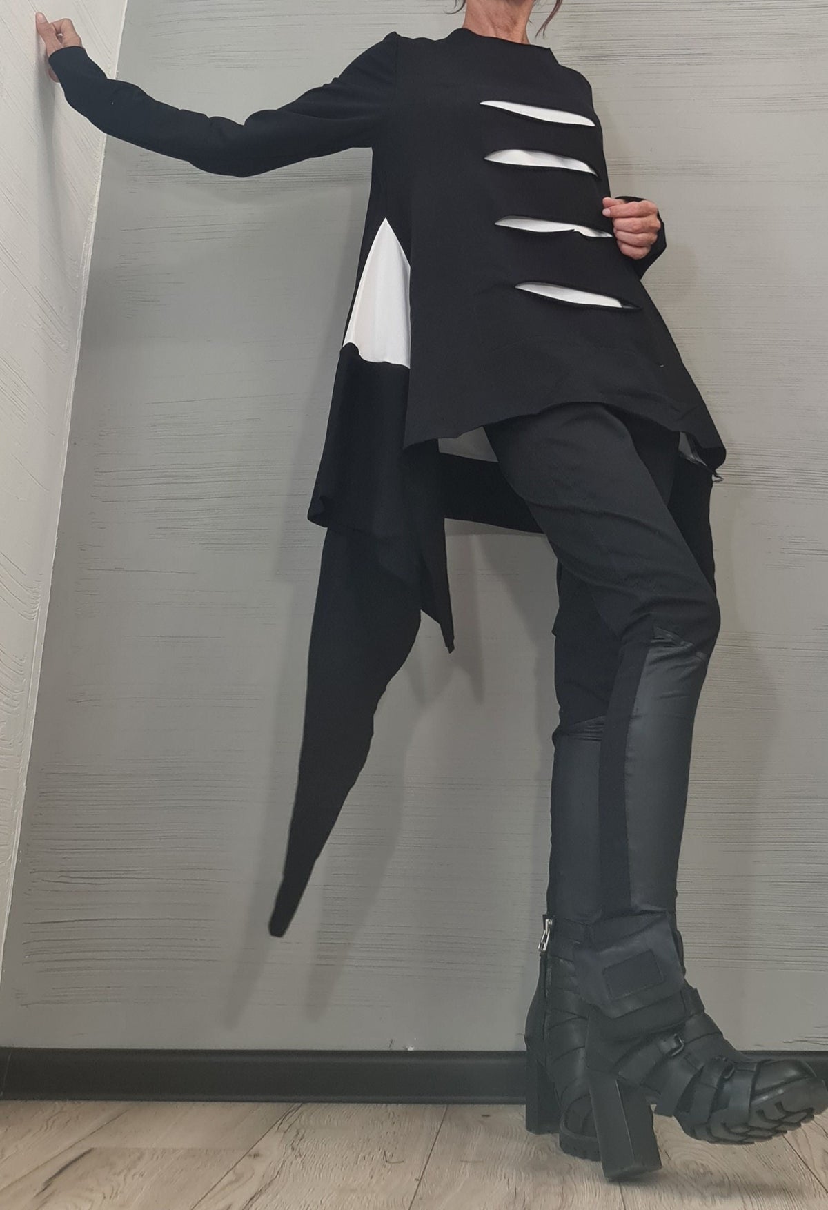 Oversize Cotton Tunic, Black and White Deconstructed Asymmetric Top