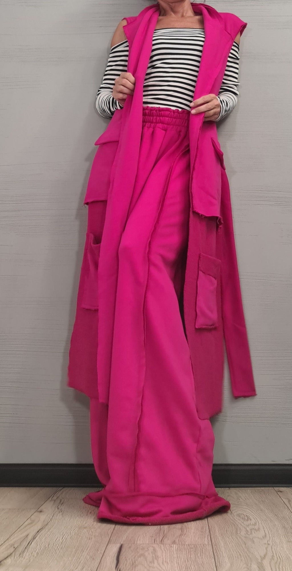Fuchsia Cotton Wide-Leg Pants, Asymmetrical Long Short Vest, Two-Piece Co-Ord Set