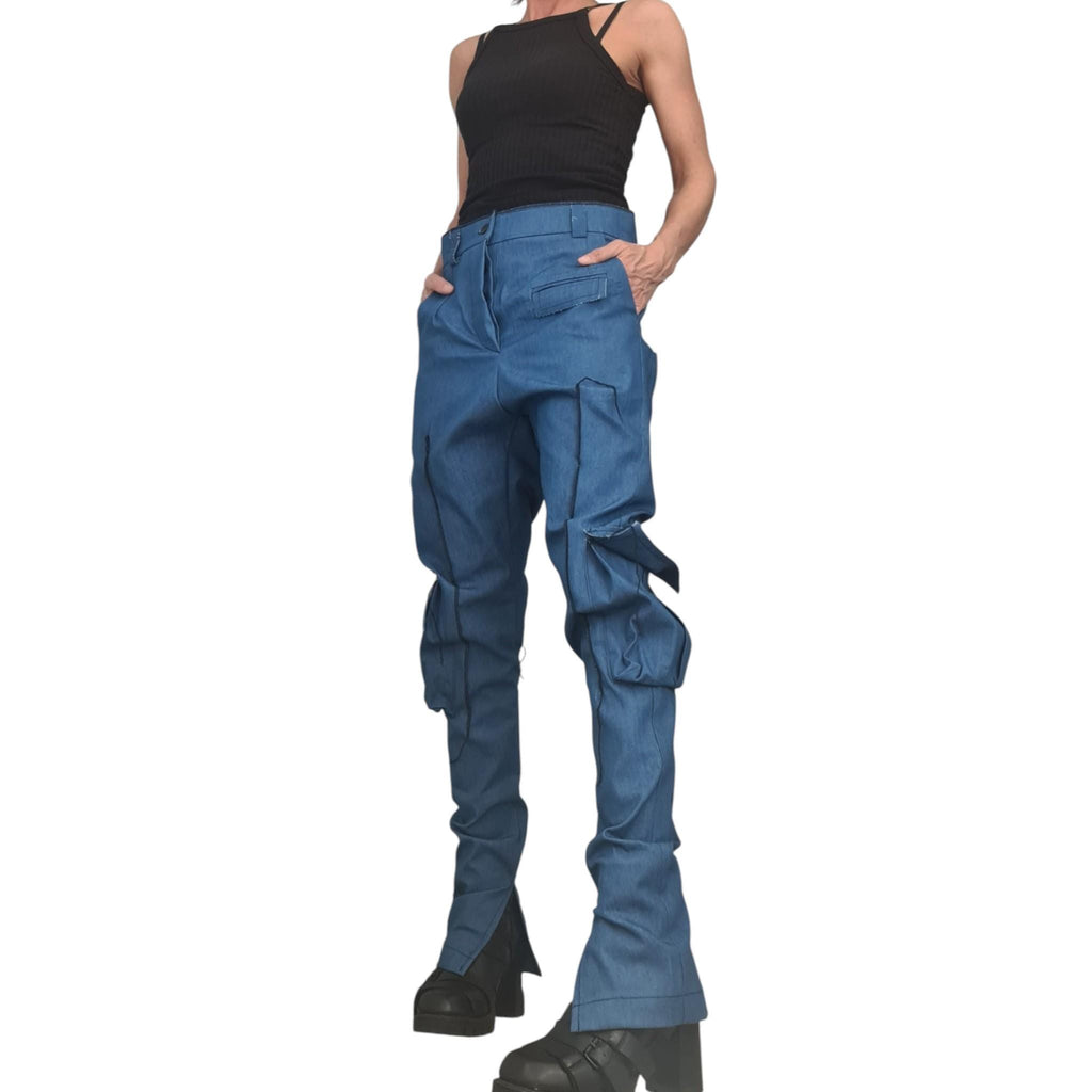 Extravagant Cargo Denim Pants, Fitted Sexy Casual Pants, Outer pockets, New collection