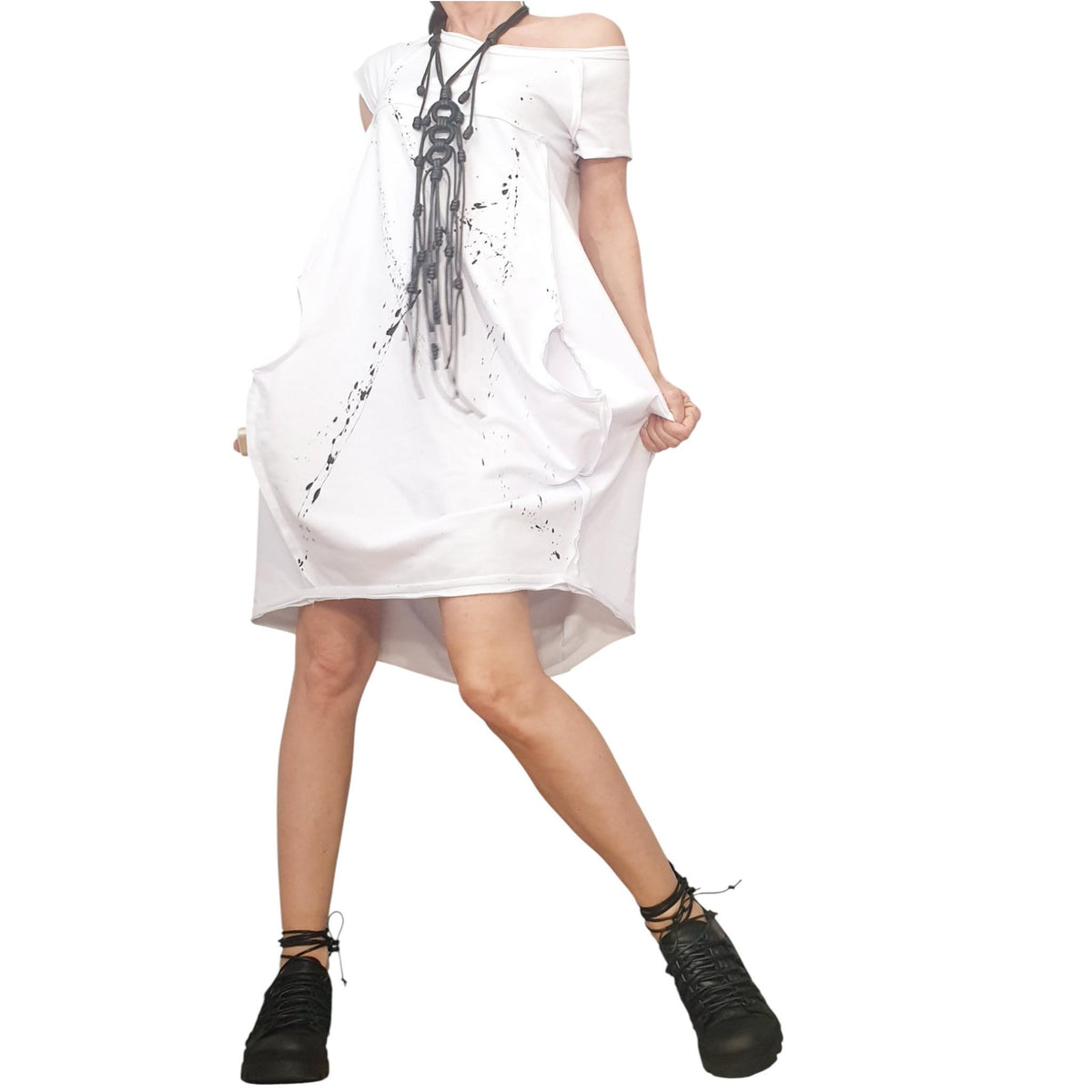 Black Cotton Midi Short Sleeve Dress, Cold Shoulder, Asymmetric Oversized Tunic