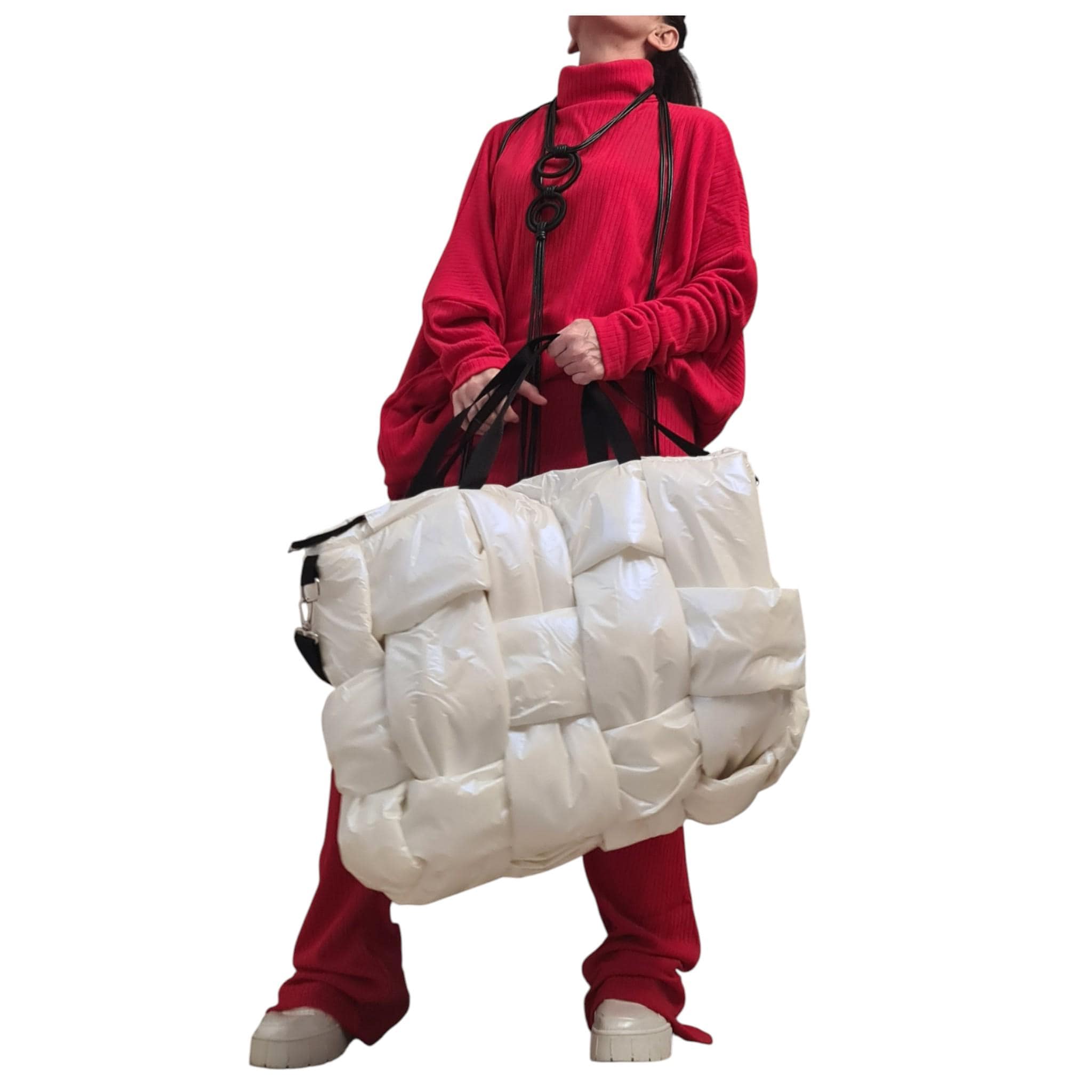 White Pearl Puffer Tote Bag | Woven Oversize Design | women’s clothing | statement
