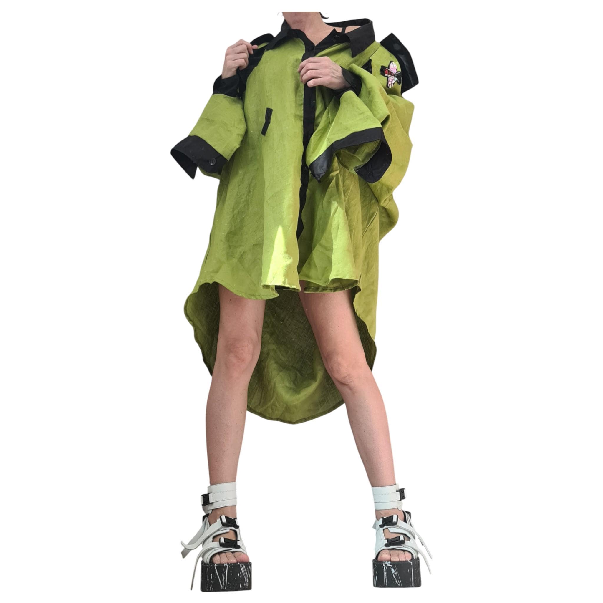 Pistachio Linen Asymmetric Tunic, Oversized Avant Garde Top, Open Back Collar Shirt, Cargo Pocket