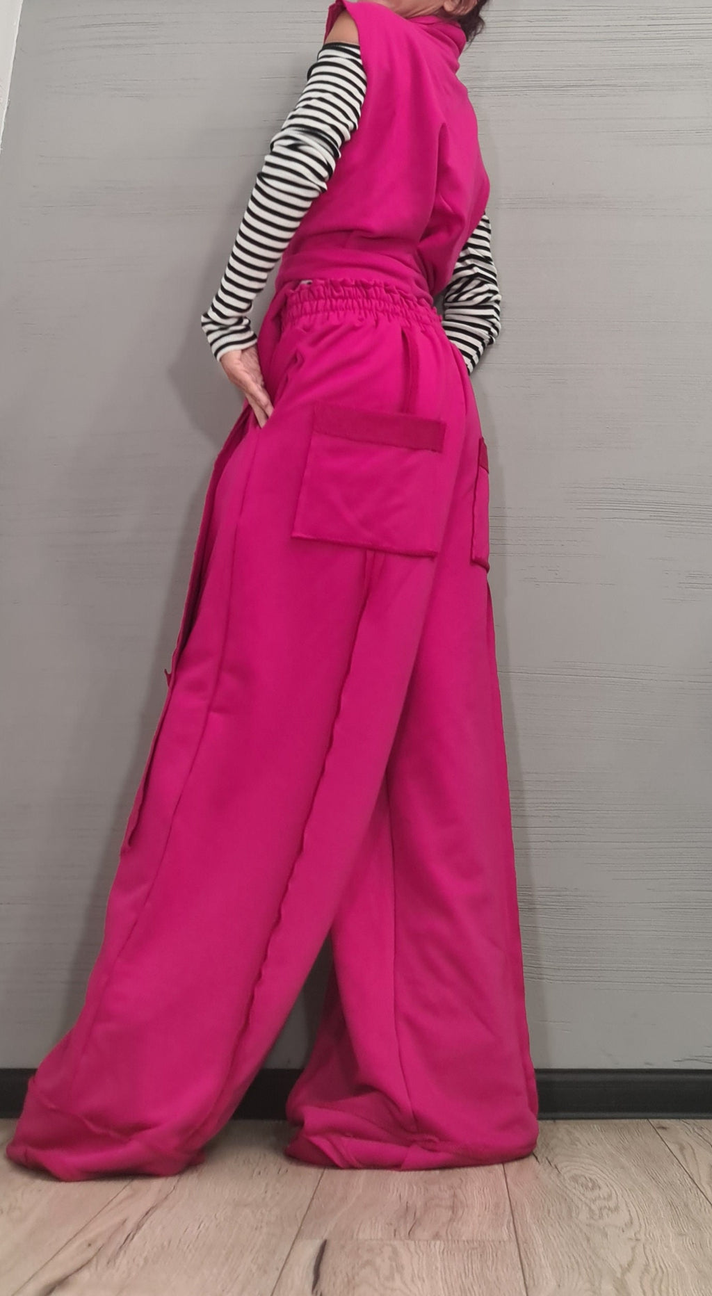 Fuchsia Cotton Wide-Leg Pants, Asymmetrical Long Short Vest, Two-Piece Co-Ord Set