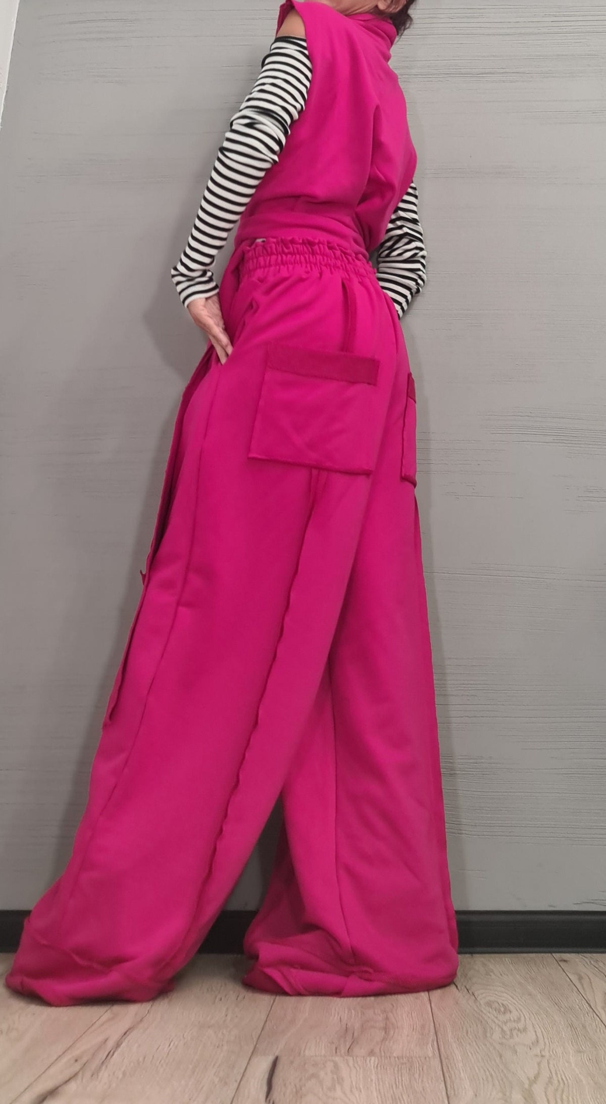 Fuchsia Cotton Wide-Leg Pants, Asymmetrical Long Short Vest, Two-Piece Co-Ord Set