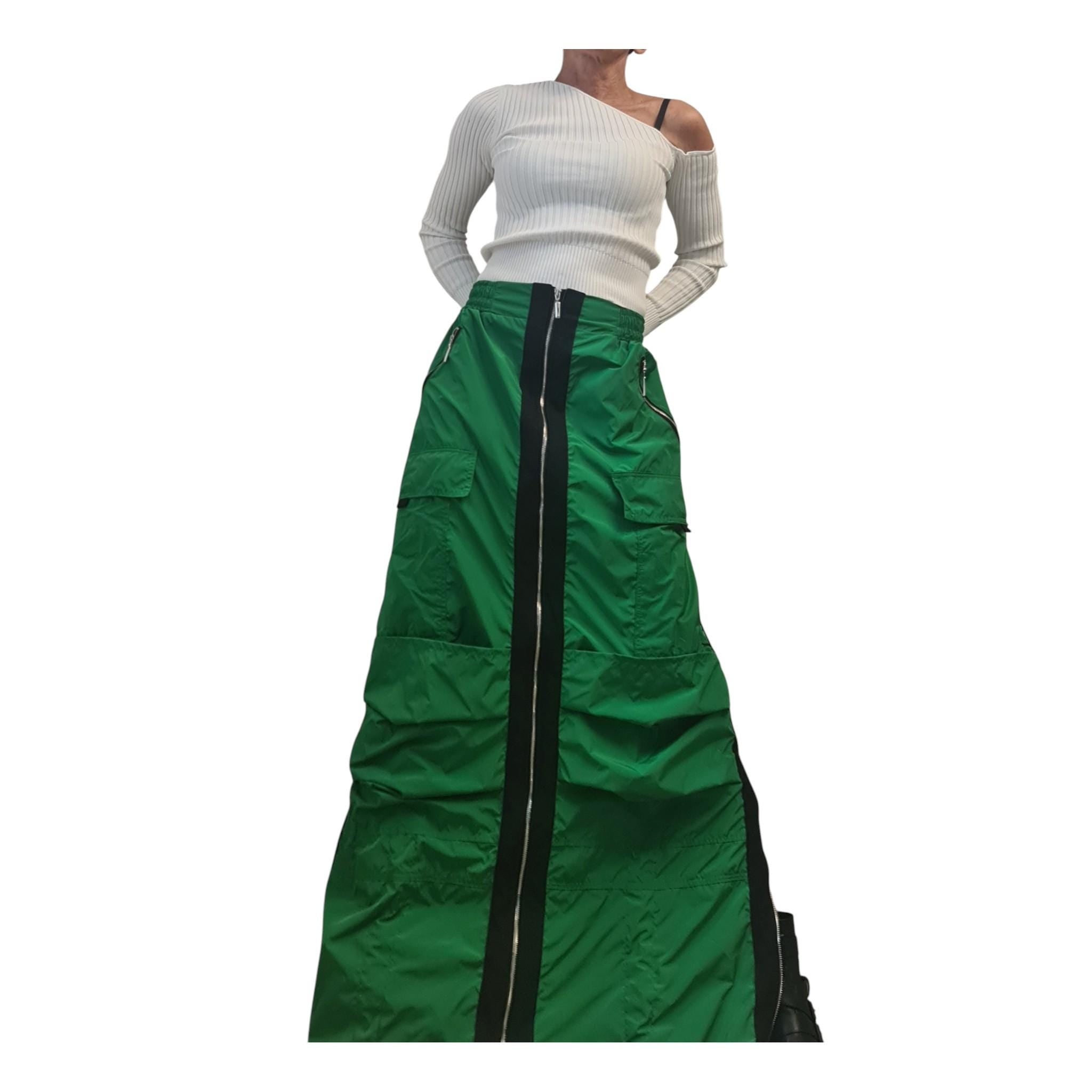 Green Cargo Maxi Skirt with Zippers, Oversized Streetwear Clothing, Techwear Style