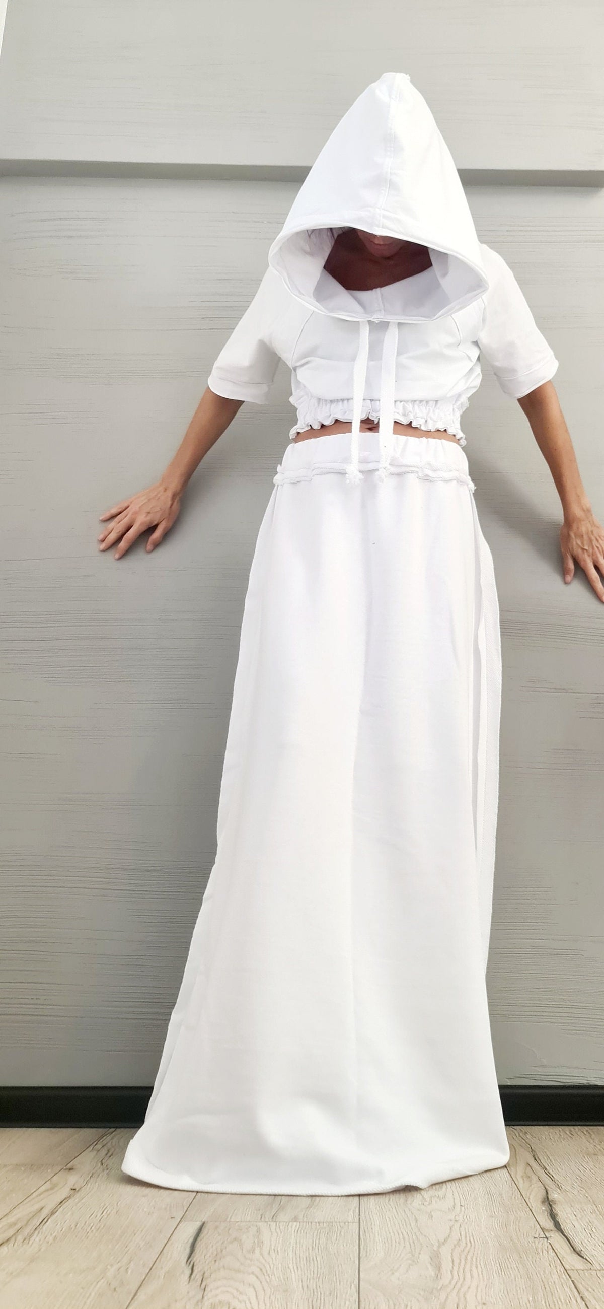 White Cotton Maxi Skirt Hoodie Set, Ruched Trim French Terry Co-Ord