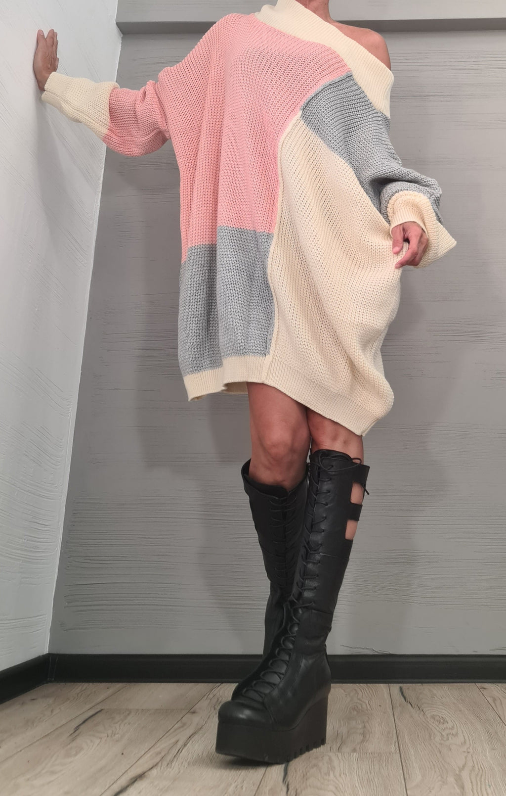 Dusty Rose Color Block Asymmetric Knit Tunic, Oversized Off Shoulder Sweater, Plus Size Top