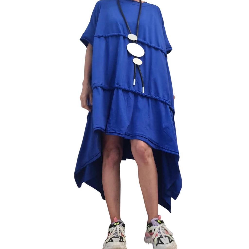 Royal Blue Asymmetrical Cotton Tunic, Loose Oversize Style, Plus Size Dress