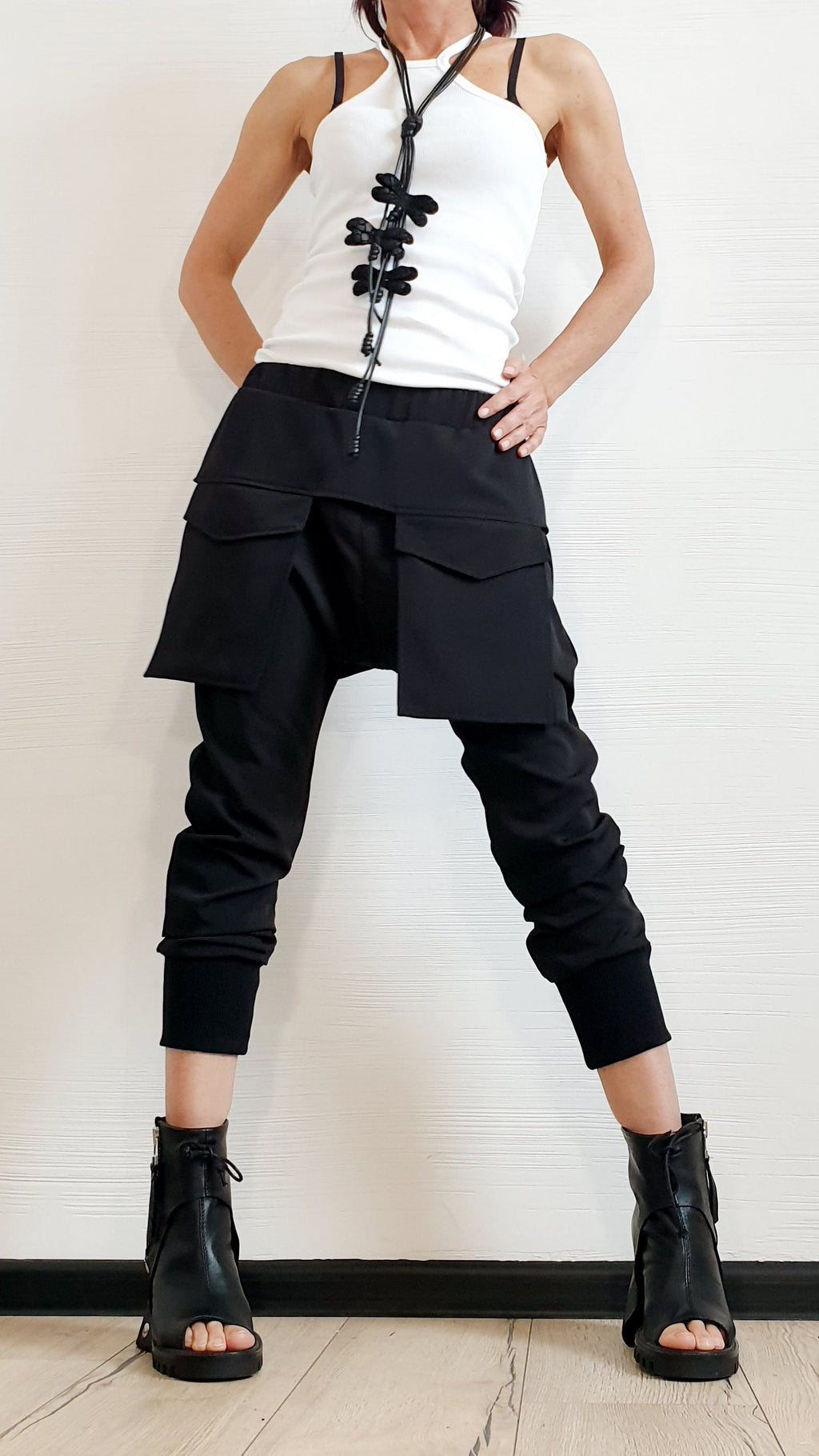 Black Harem Cargo Pants, Attached Skirt Panel, Tapered Leg