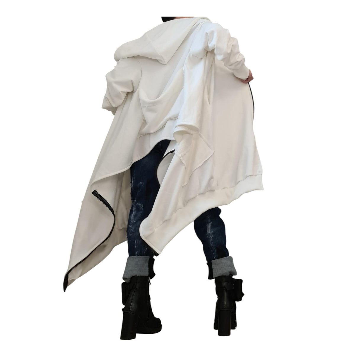 White Asymmetric Hooded Sweatshirt, Oversized Cotton Jacket, Longline Zip Up Hoodie