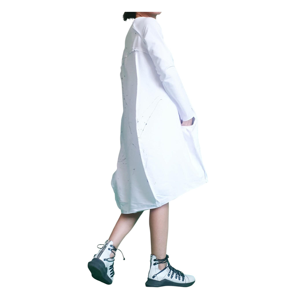 White F Oversized Sweatshirt Dress, Asymmetric High Low Cut