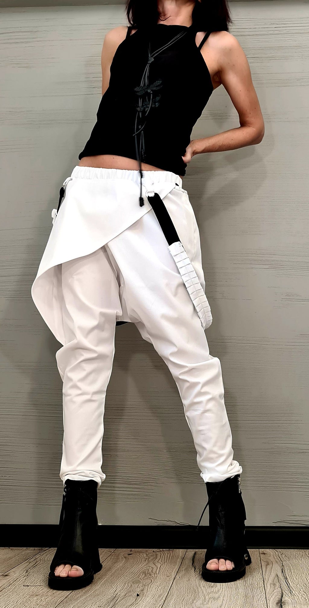 White Harem Pants, Wrap Front Design, Slim Leg, Decorative Suspenders, Wedding Outfit