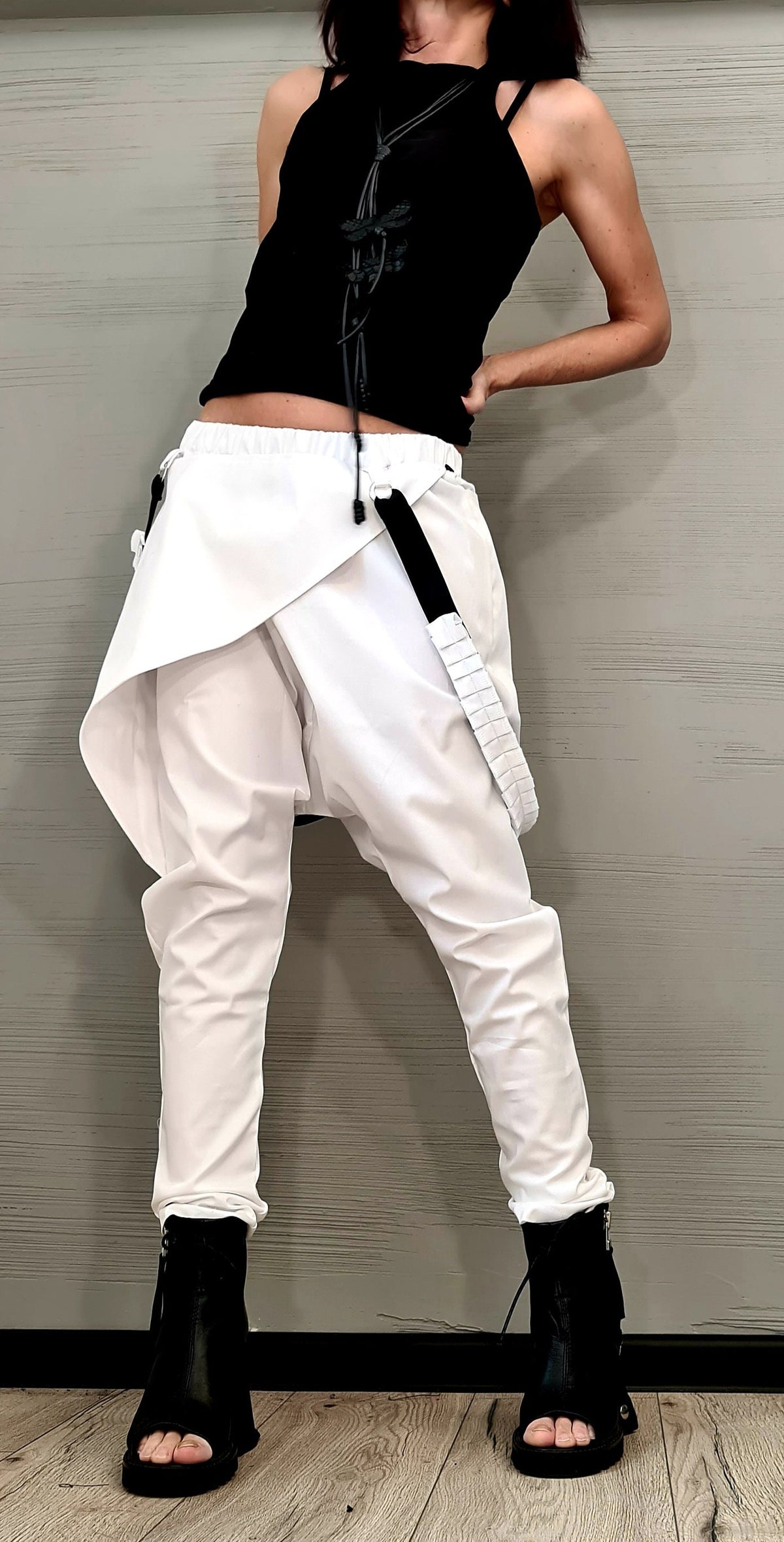 White Harem Pants, Wrap Front Design, Slim Leg, Decorative Suspenders, Wedding Outfit
