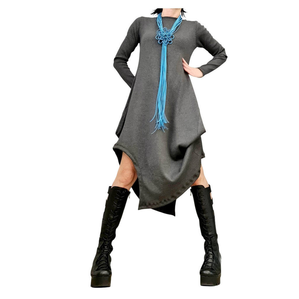 Grey Cotton Rib Dress, Long Sleeve Midi Dress, Avant Garde Loose Fit Kaftan