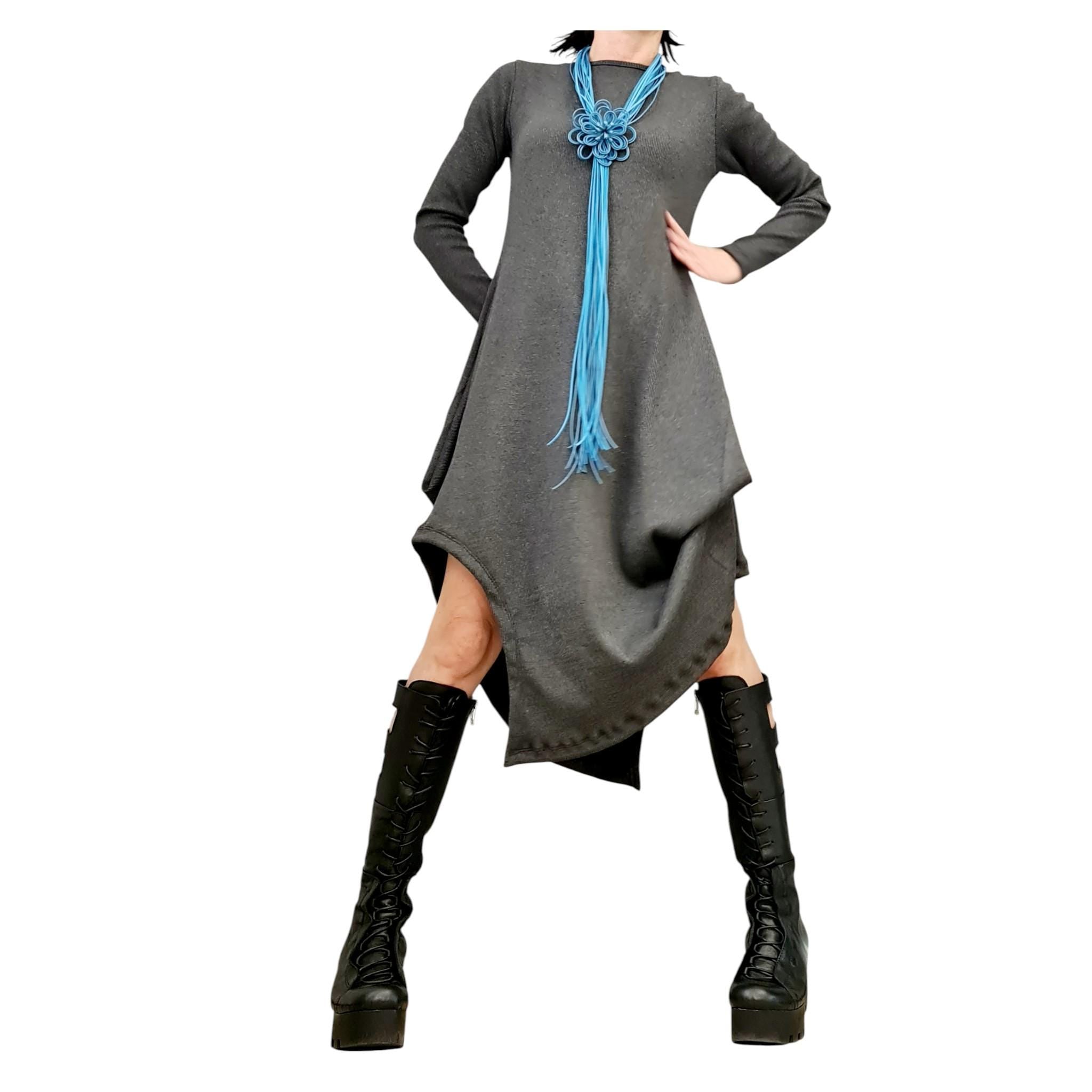 Grey Cotton Rib Dress, Long Sleeve Midi Dress, Avant Garde Loose Fit Kaftan