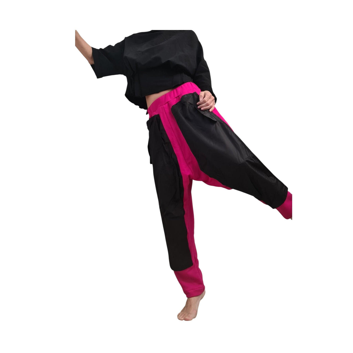 Fuchsia Harem Pants, Black Cargo Pockets, French Terry Tapered Leg Joggers